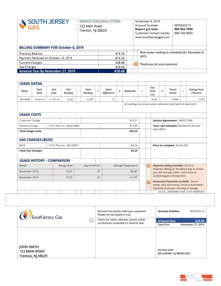 USA New Jersey gas utility bill template in Word and PDF format (.doc and .pdf)